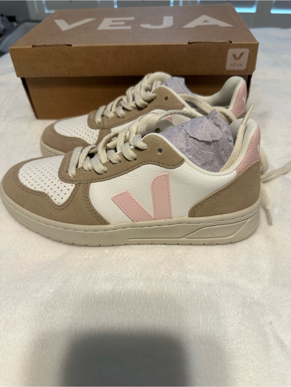 Veja Low-Top Sneakers in White, Beige & Pink